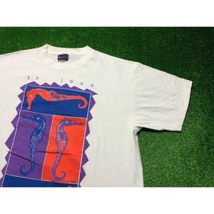 Vintage 90s St. John Sea Horse Retro Art Men's Single Stitch Tee Size 2XL White